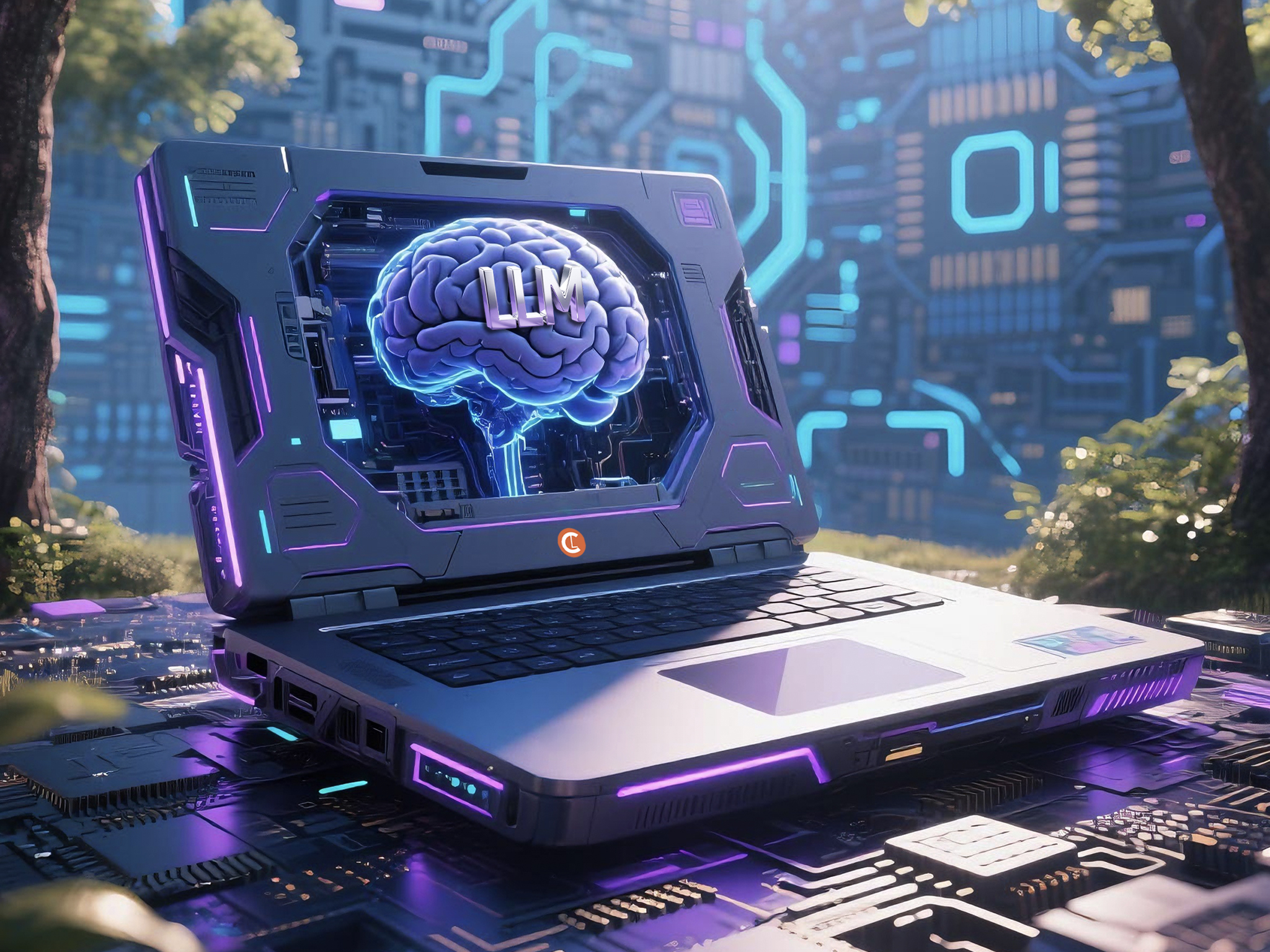 A futuristic laptop with neon lights displays a digital brain labeled "LLM" on its screen, set outdoors with trees and circuit-like patterns in the background.