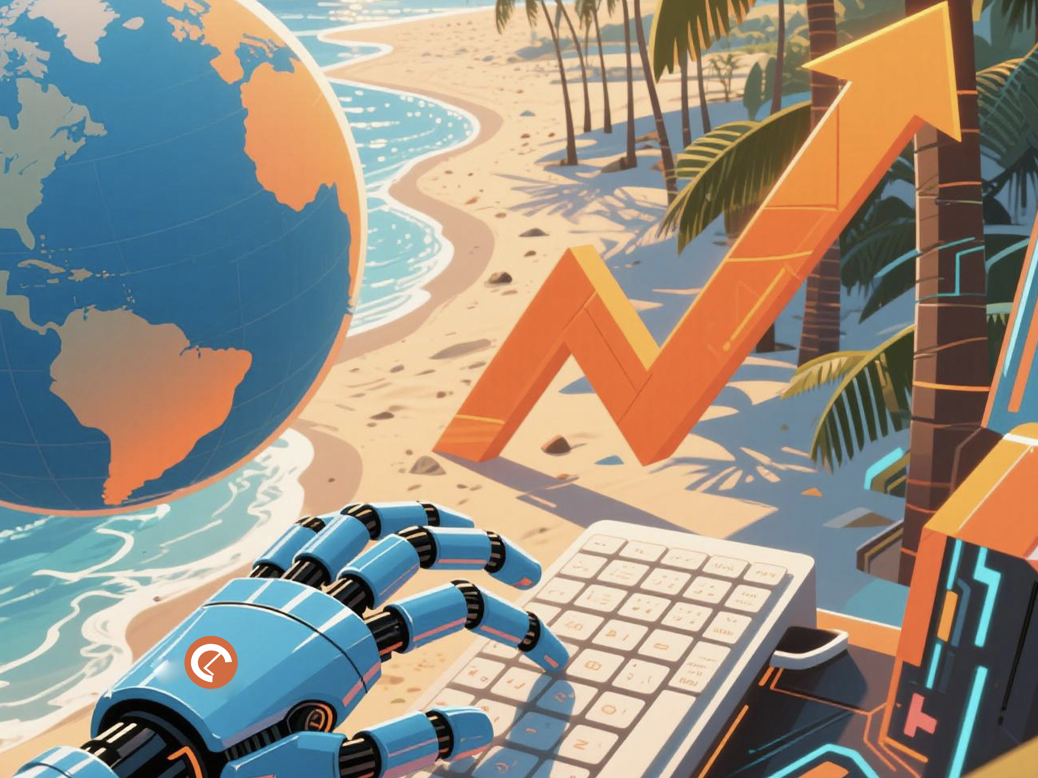 Futuristic robotic hand typing on a keyboard at a tropical beach, with a rising orange arrow graph, a globe showing the Americas, and digital elements, symbolizing global growth and digital marketing expansion.