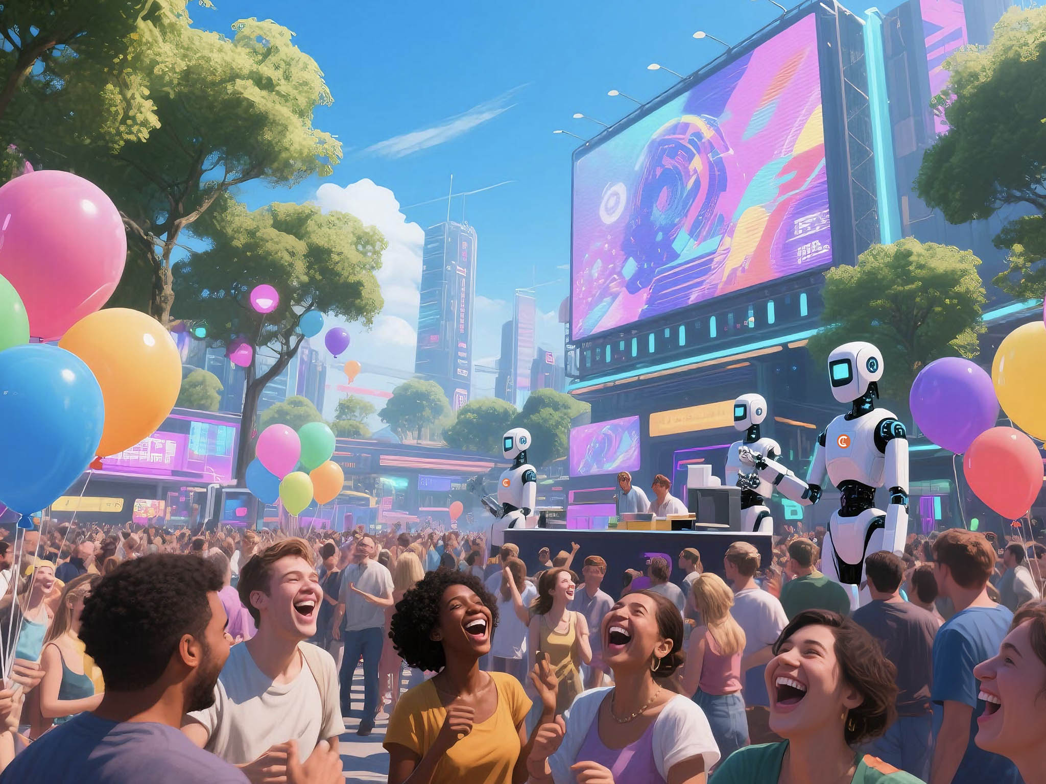 A vibrant, futuristic festival scene with happy people, colorful balloons, and robots interacting with the crowd. Large screens display digital art.