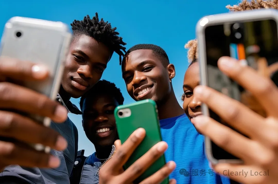 A group of smiling friends holding smartphones, capturing a selfie together. Bright blue sky in the background, conveying joy and togetherness.