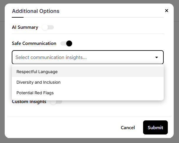 The image shows an "Additional Options" menu with toggles for AI Summary and Safe Communication. A dropdown offers insights like Respectful Language.