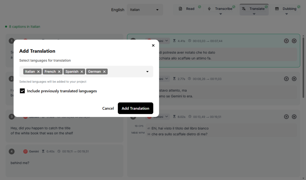 Popup menu on a translation interface, displaying language options (Italian, French, Spanish, German) with selections. User can add languages.