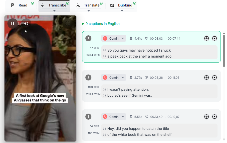 A woman with long dark hair and glasses speaks about Google's AI glasses on a screen displaying captions with text for accessibility features.