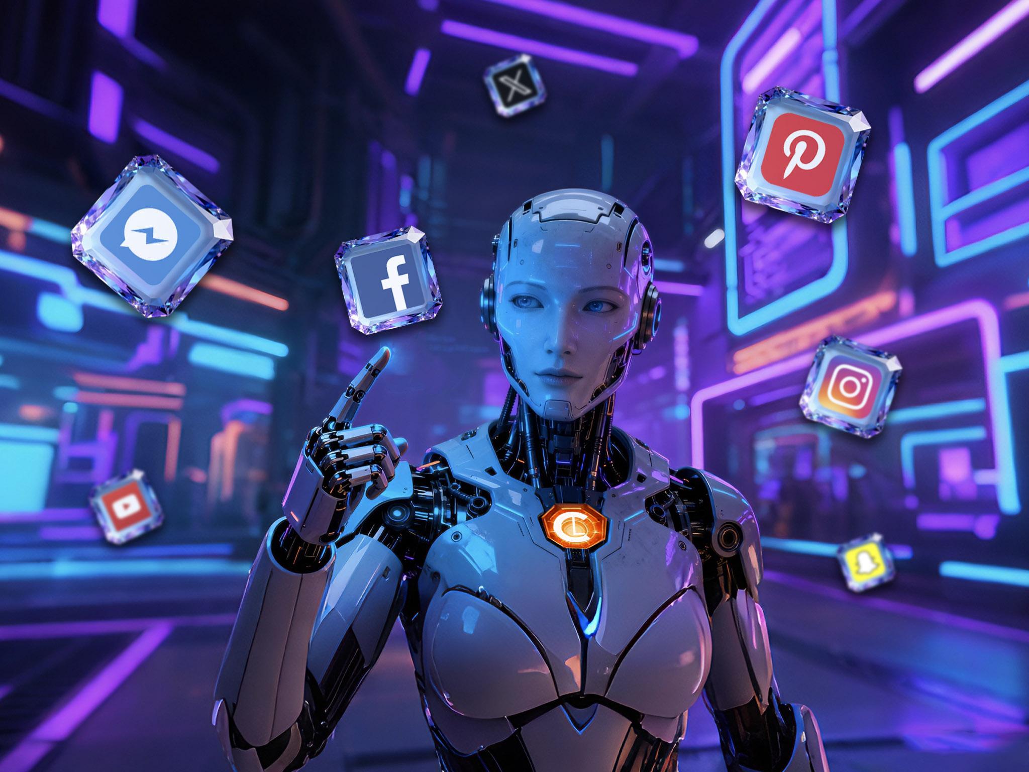 A futuristic robot touches floating social media icons, including Facebook and Instagram, in a neon-lit cybernetic environment, conveying tech integration.