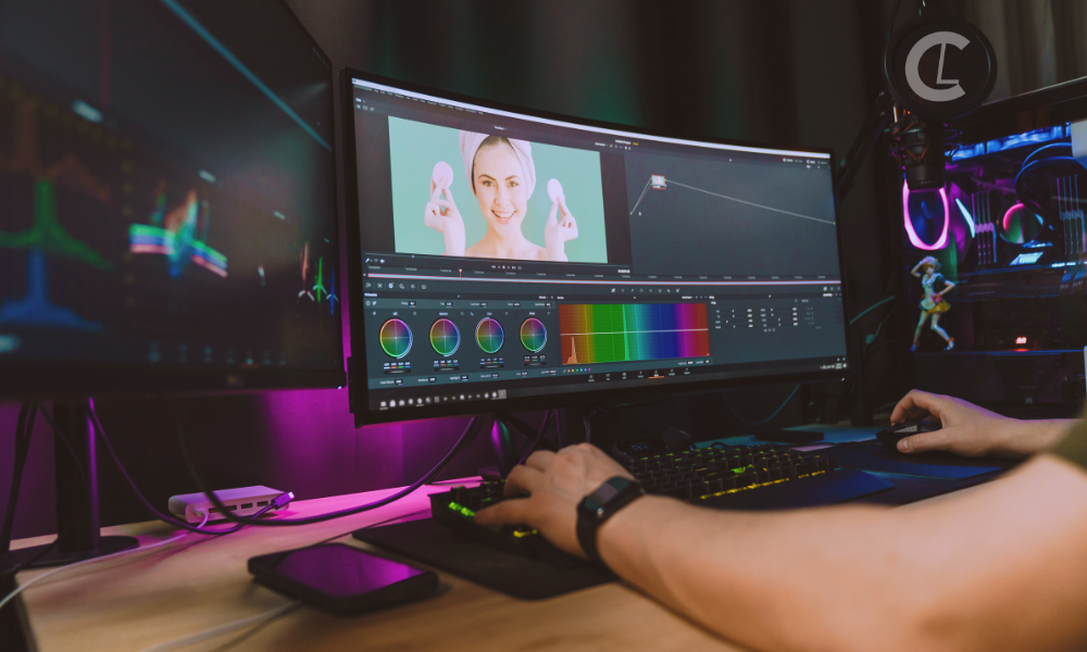 A person is editing a video on a large curved monitor, surrounded by colorful LED-lit equipment. The screen displays video editing software and a smiling woman.