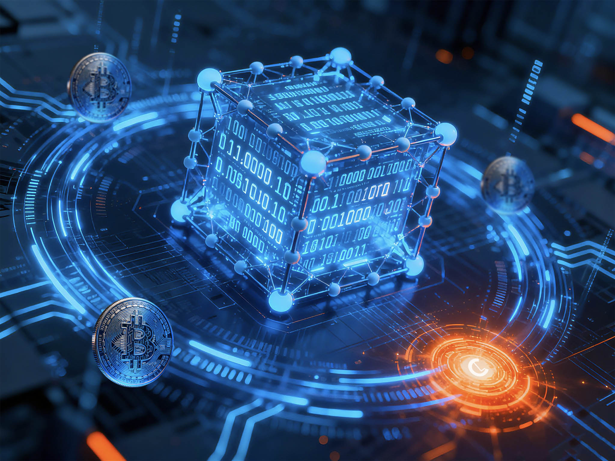Futuristic digital cube with binary code, encircled by glowing blue and orange circuitry, flanked by floating Bitcoin symbols, conveying innovation.