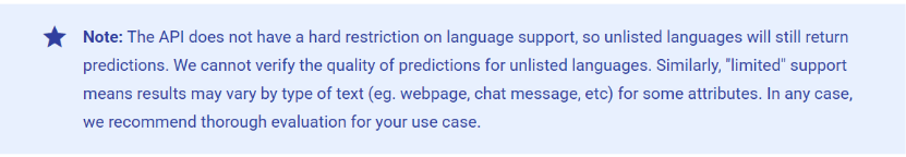 Blue box with a star icon highlight. Text clarifies that the API supports unlisted languages but suggests evaluating predictions for best results.
