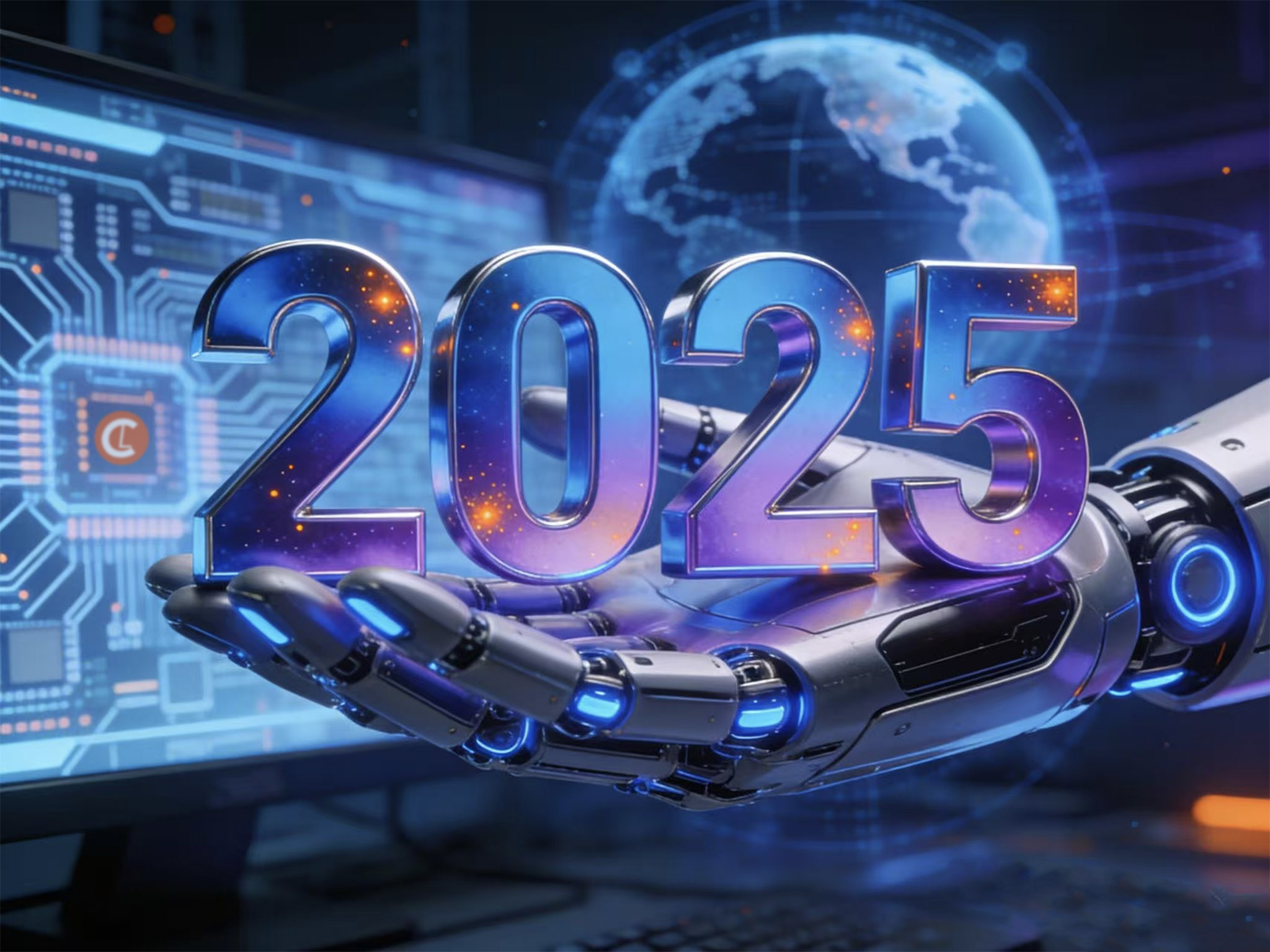 A robotic hand holds glowing "2025" numbers against a backdrop of digital circuitry and Earth, symbolizing futuristic technology and innovation.