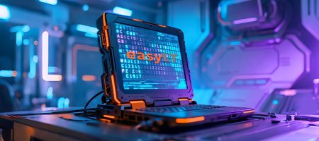 A rugged laptop with illuminated keys displays the word "easy" and code on its screen, set in a futuristic, neon-lit room to support our webinar library